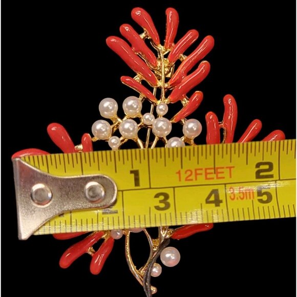 Brooch Festive Enamel Coral Pearl Goldtone Pin Lapel Scarf Hat Holiday Gift - Picture 4 of 5